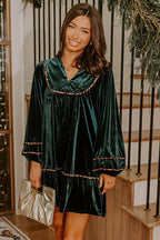 Blackish Green Leopard-Trim Velvet Dress