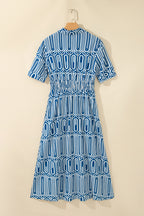 Blue Geometric Print Shirt-Collar Dress