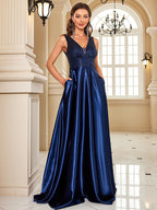 Women’s backless sequin dress, navy blue V-neck sleeveless evening gown with sequin bodice