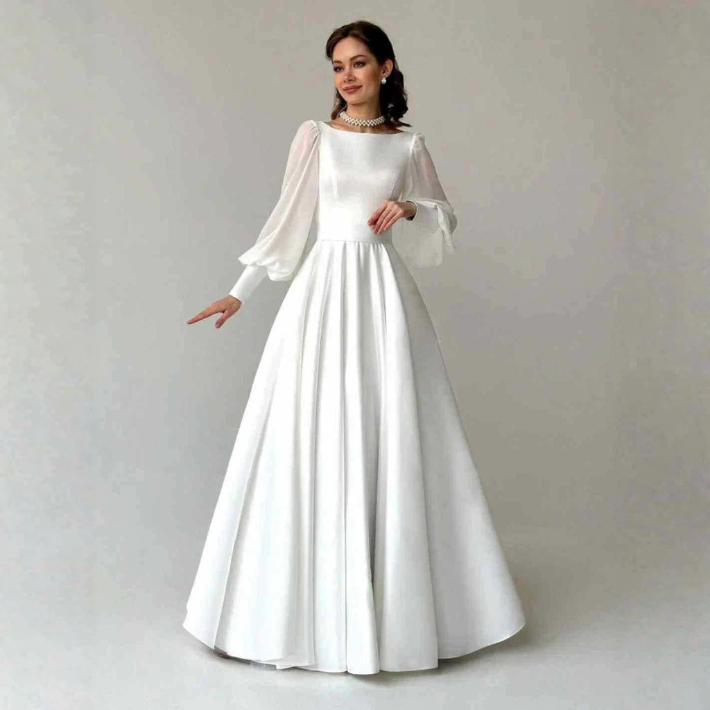 Women's white minimalist long-sleeve wedding dress