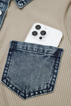 Beige Ribbed Knit Denim-Patchwork Polo Dress