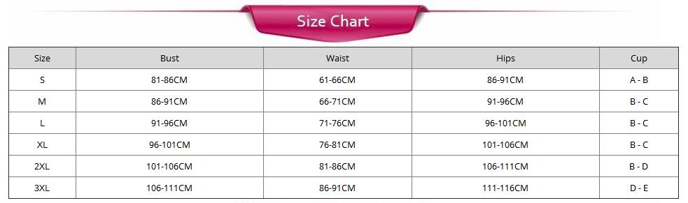 Swimwear size chart with bust, waist, hips and cup size ranges