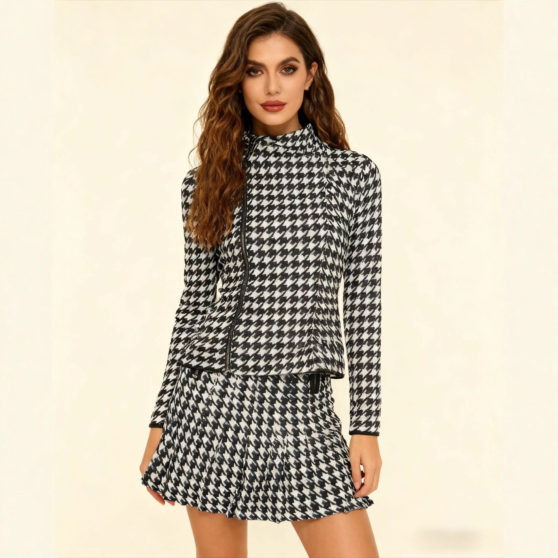Women's black white houndstooth knit top and mini skirt set