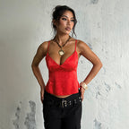 Satin jacquard V-neck loose top