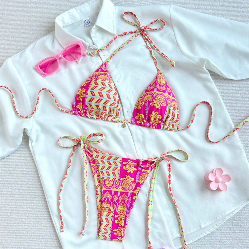 Women's coral print bikini set with shirt cover-up