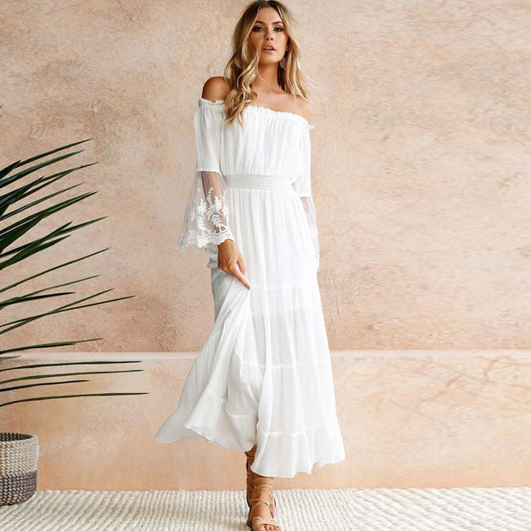 Women's Off-Shoulder Lace Ruffled Long-Sleeve Maxi Dress