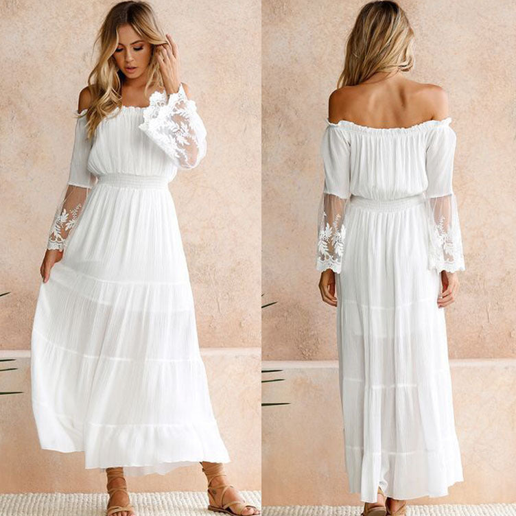 Women's Off-Shoulder Lace Ruffled Long-Sleeve Maxi Dress