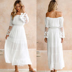 Women's Off-Shoulder Lace Ruffled Long-Sleeve Maxi Dress