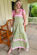 Green Floral Striped Knot-Strap Maxi Dress