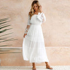 Women's Off-Shoulder Lace Ruffled Long-Sleeve Maxi Dress