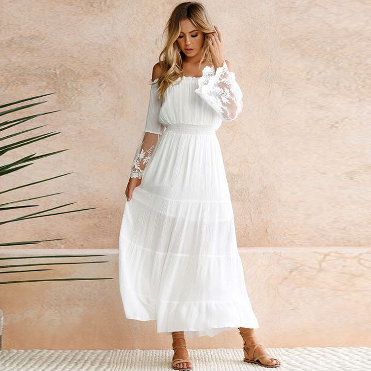 Women's Off-Shoulder Lace Ruffled Long-Sleeve Maxi Dress
