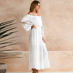 Women's Off-Shoulder Lace Ruffled Long-Sleeve Maxi Dress