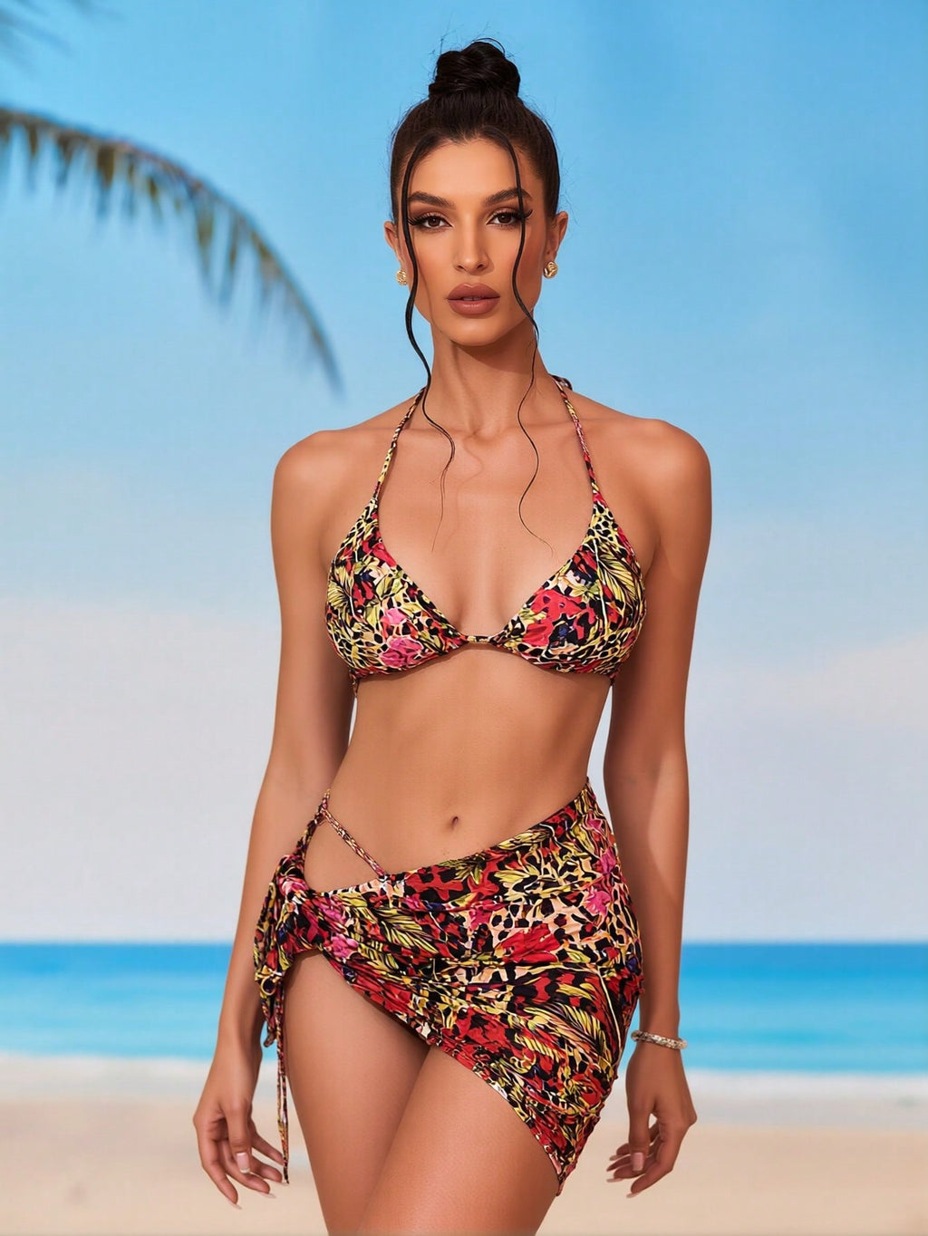 Multicolor leopard floral bikini set: triangle top with side ties and ruched high-cut bottoms