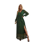 Green sequin maxi dress with V-neck, long sleeves, and side slit