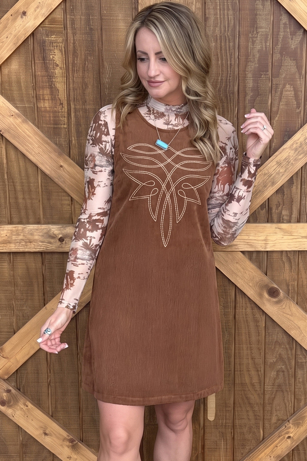 Women's Coffee Geometric-Embroidered Corduroy Mini Dress