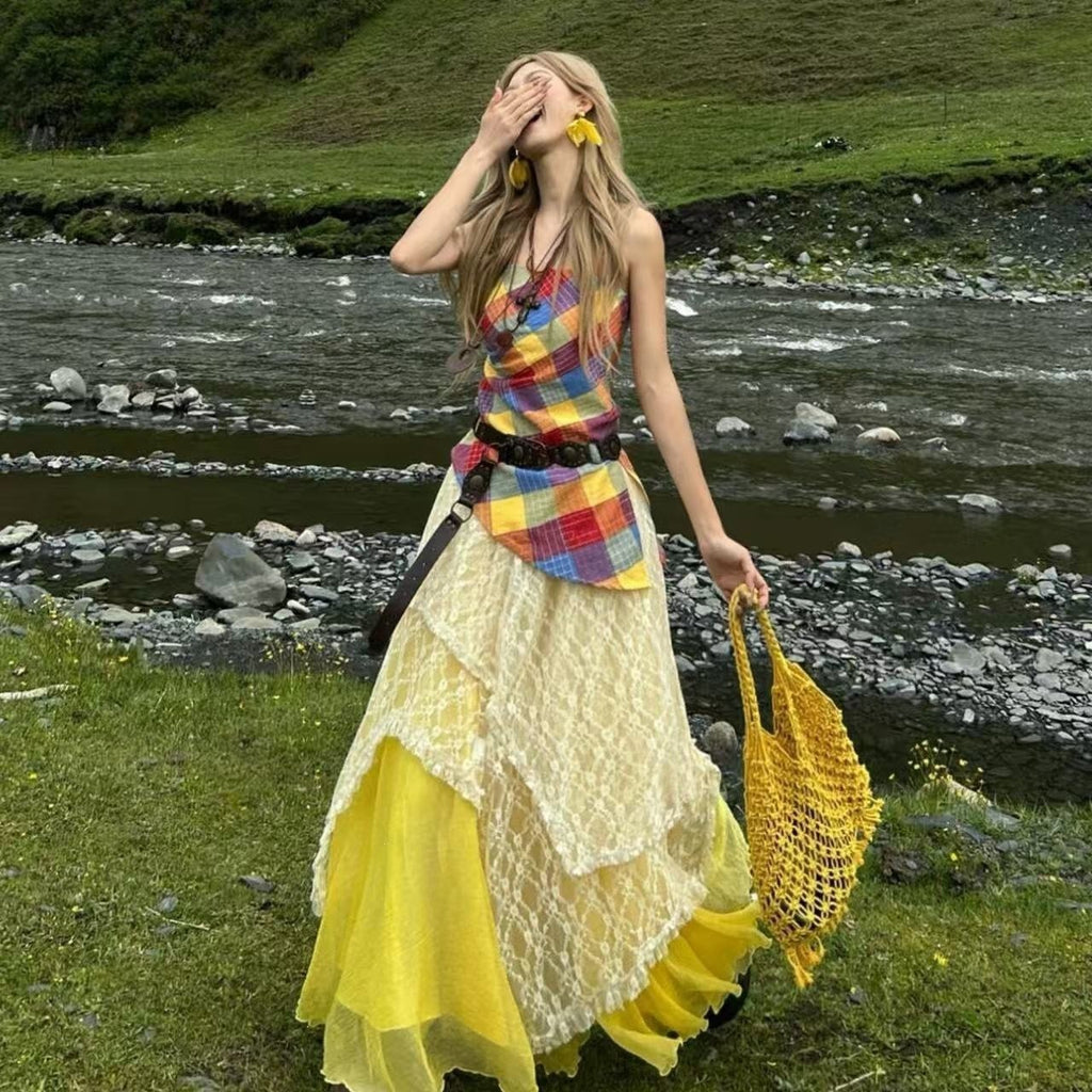 Women's multicolor plaid halter top and layered maxi skirt set