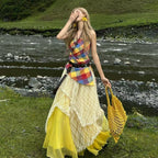 Women's multicolor plaid halter top and layered maxi skirt set