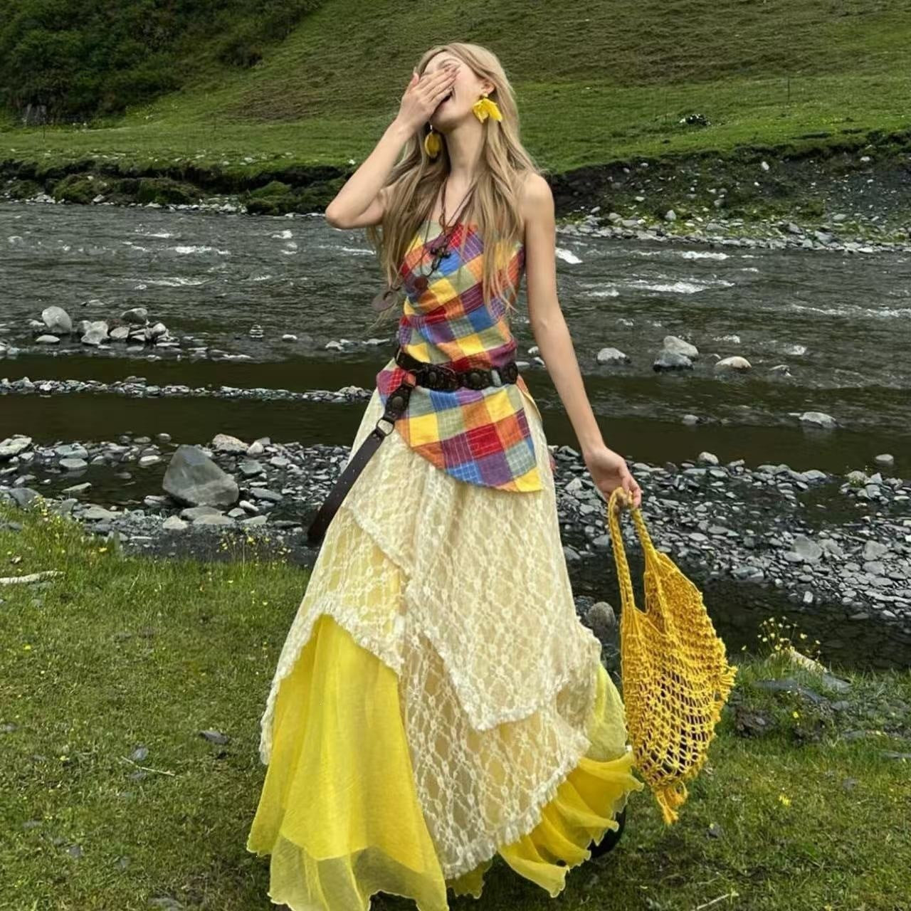Women's multicolor plaid halter top and layered maxi skirt set
