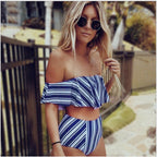 Off-shoulder striped one-piece swimsuit with ruffled top, dark and white vertical stripes