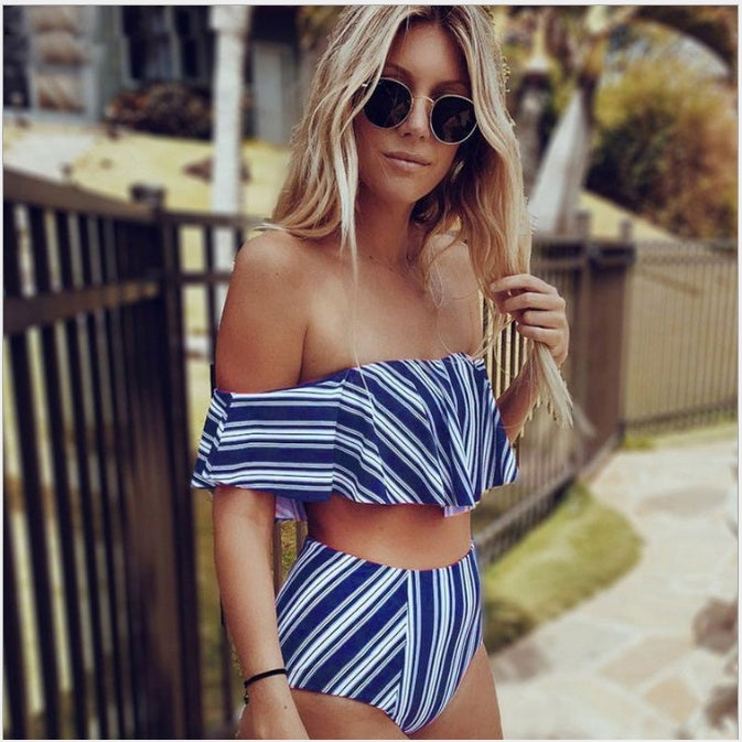 Off-shoulder striped one-piece swimsuit with ruffled top, dark and white vertical stripes
