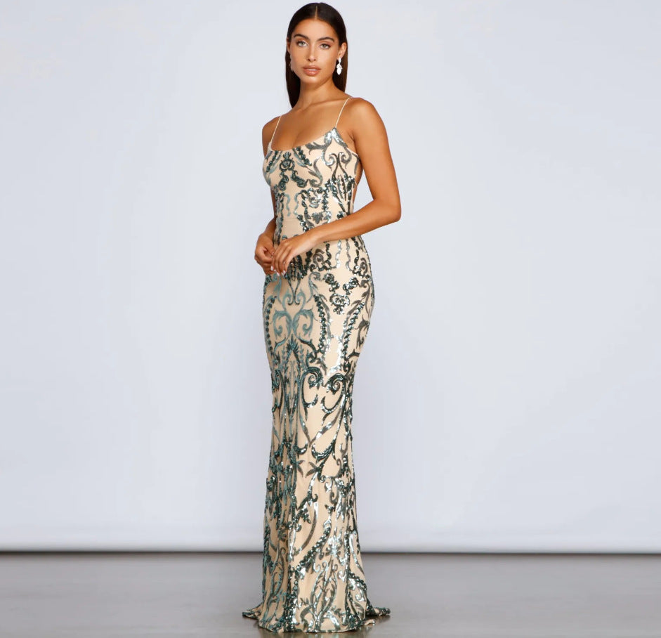 Women’s sequin evening dress, full front view, spaghetti straps, green-and-cream ornate pattern