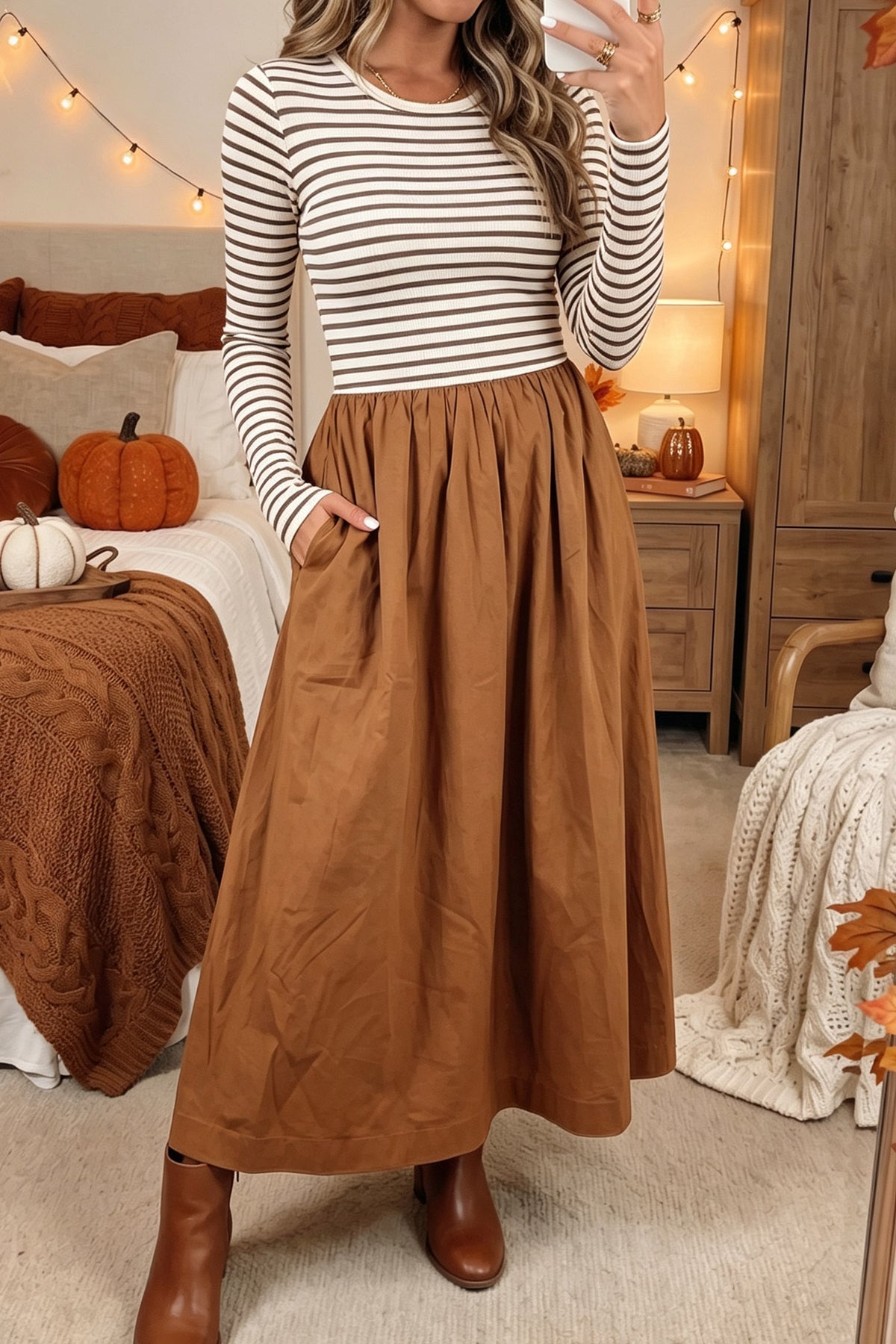 Women's Brown Stripe Ribbed Knit Flared Dress