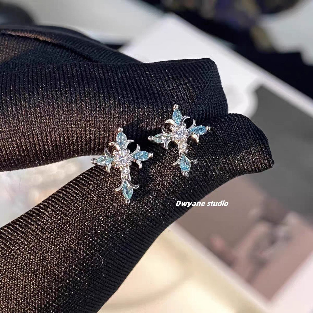 Royal blue rhinestone cross stud earrings