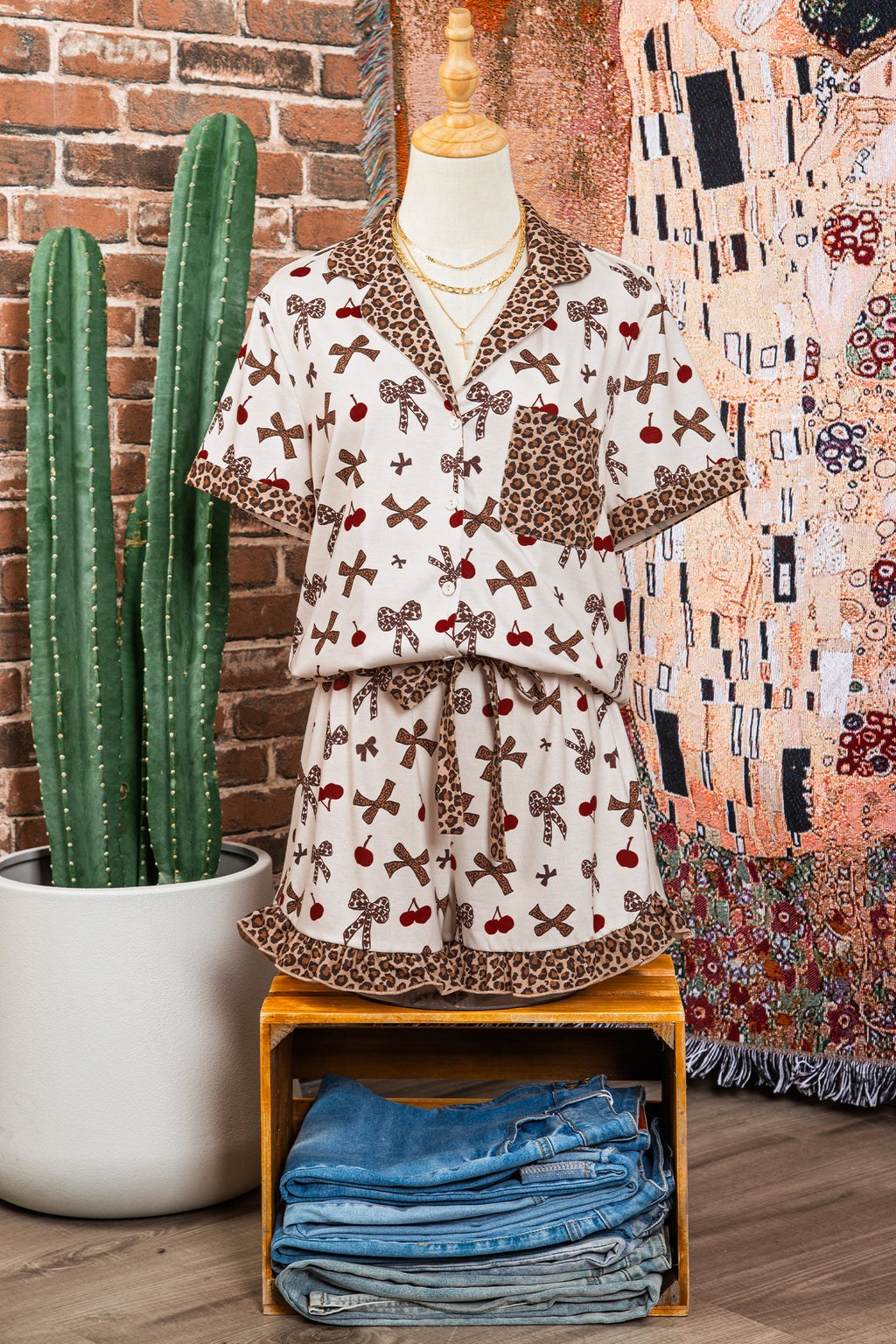 White Cherry Leopard Bow Pajama Set