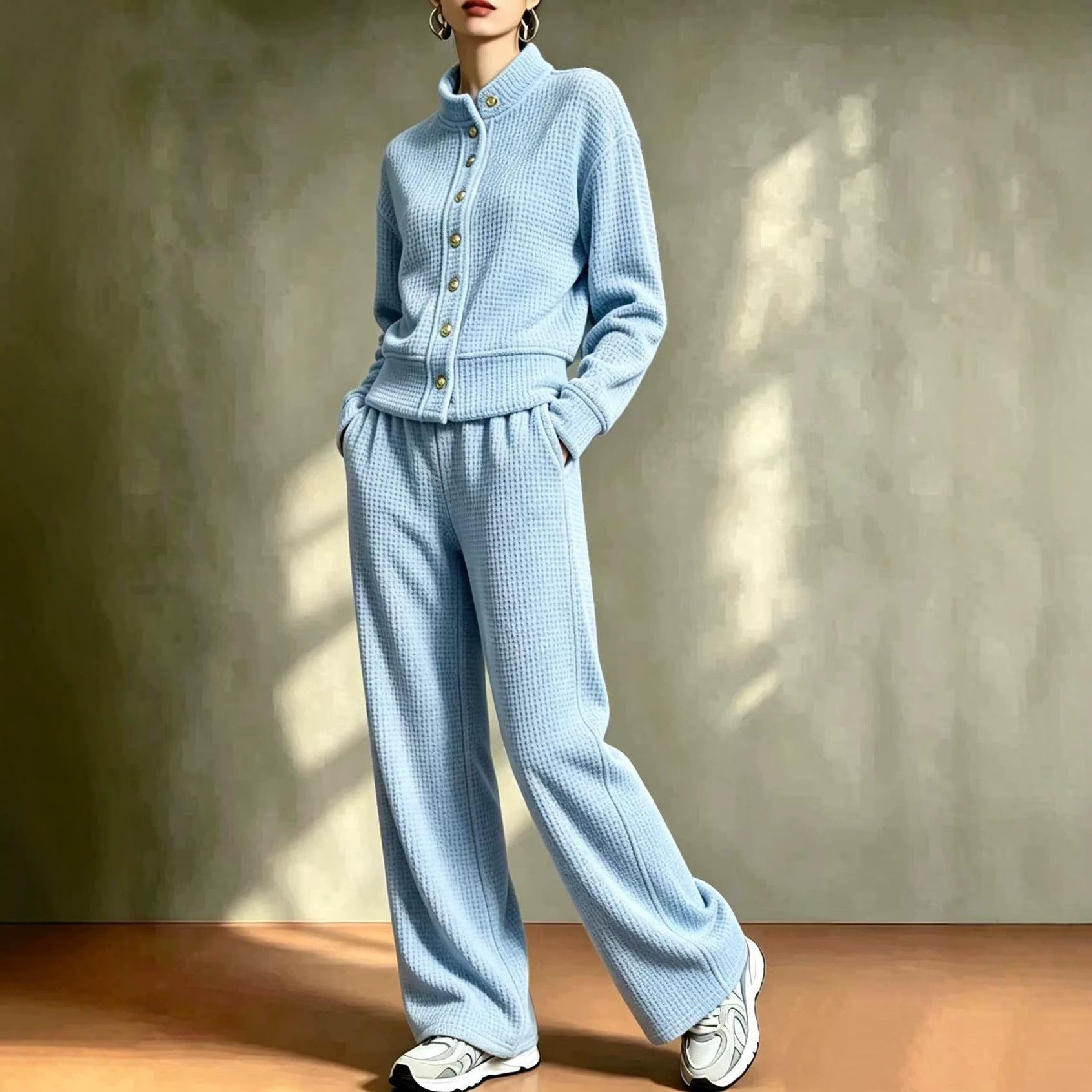 Women's light blue waffle-knit jacket and wide-leg pants set