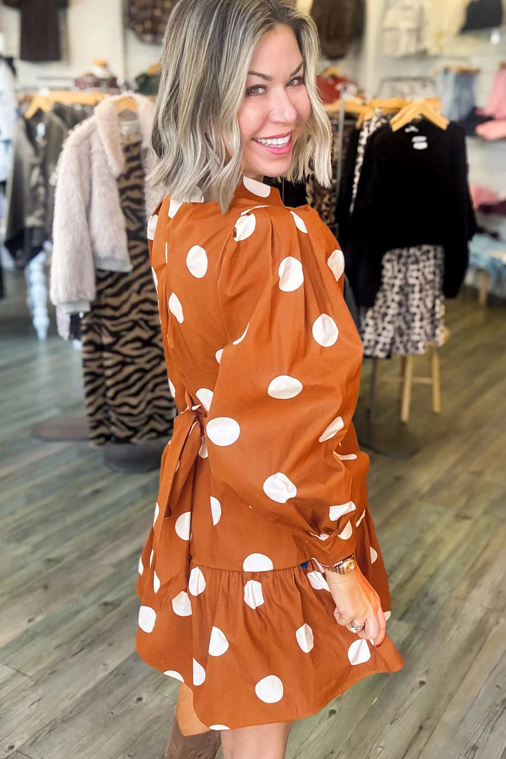 Brown Polka-Dot Tie-Waist Mini Dress