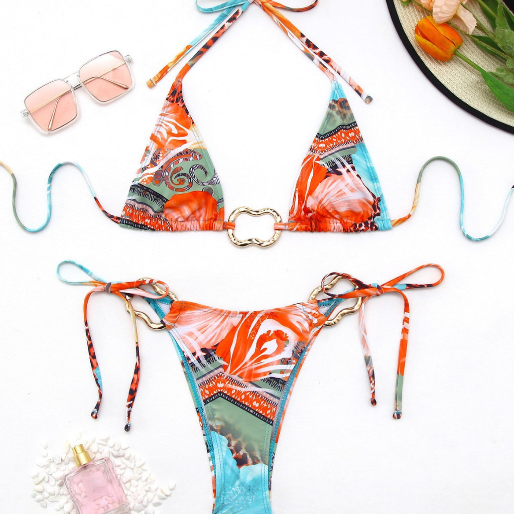 Women's orange teal ring triangle bikini set