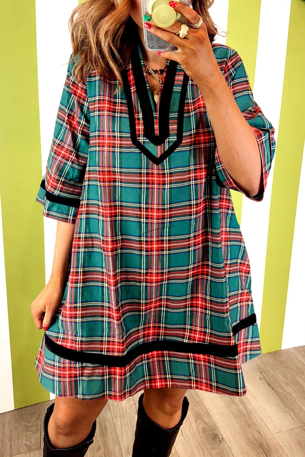 Green Plaid Velvet-Trim Shift Mini Dress