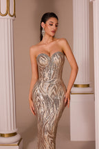 Striped sequin strapless dress with rhinestone trim