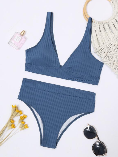 Blue ribbed bandeau V-neck bikini set with matching high-rise bottoms