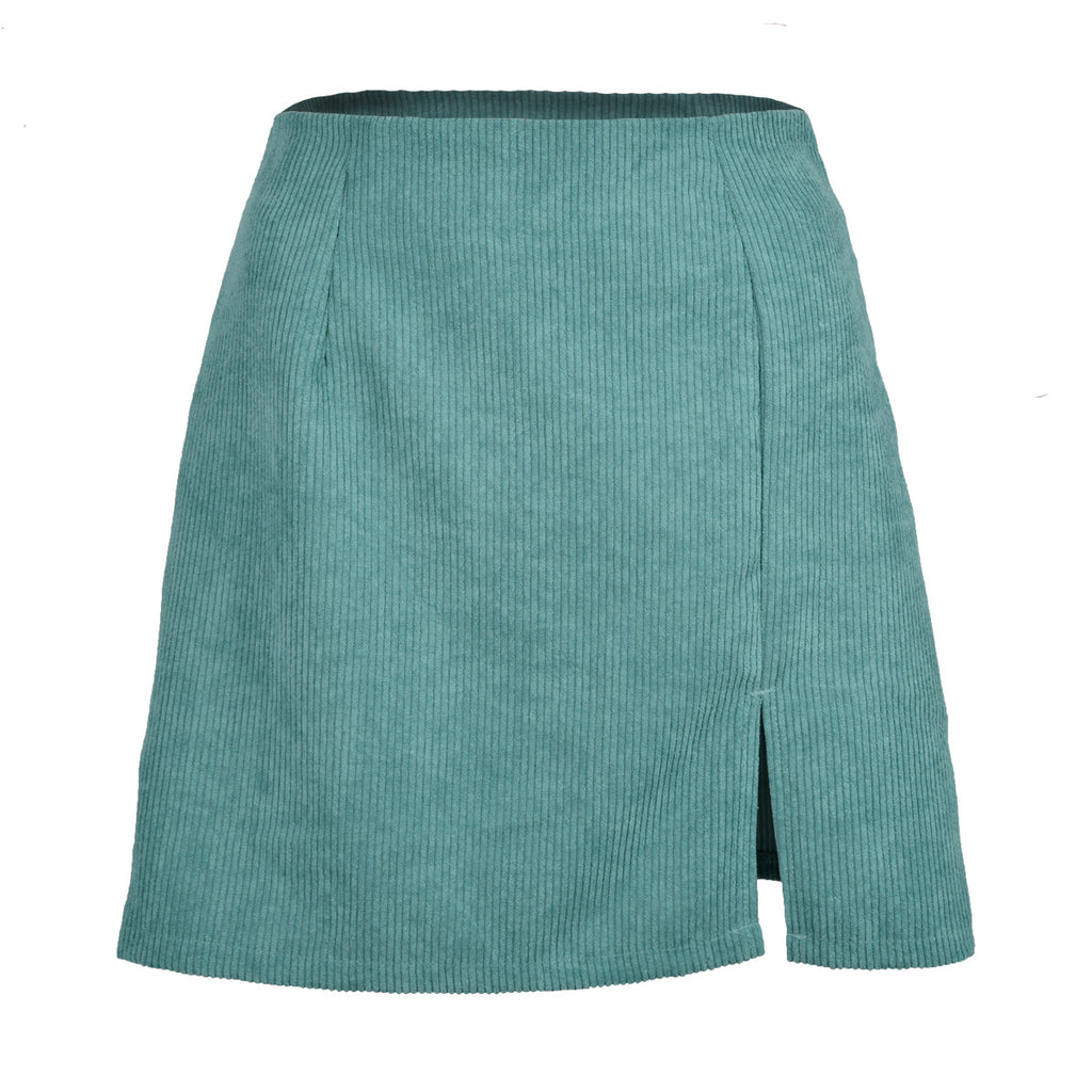 Autumn Winter High Waist Corduroy Solid Color Split Skirt