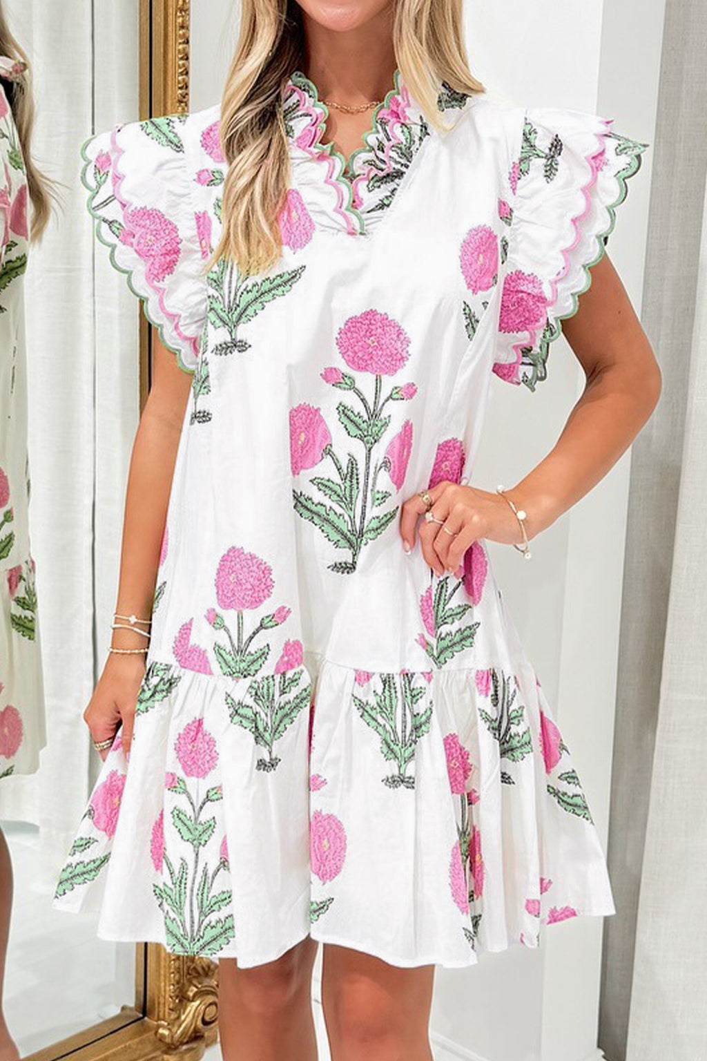 Sky Blue Floral Embroidered Drop-Waist Mini Dress