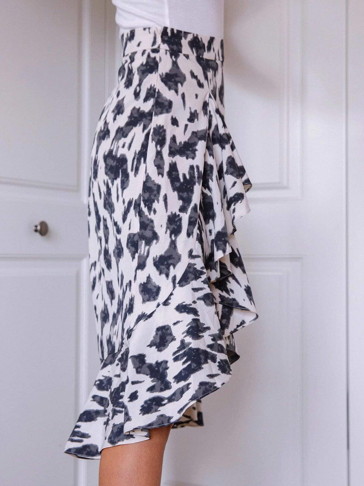 Casual Split Ruffled Leopard Print Printed A Line Skirt