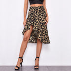 Casual Split Ruffled Leopard Print Printed A Line Skirt