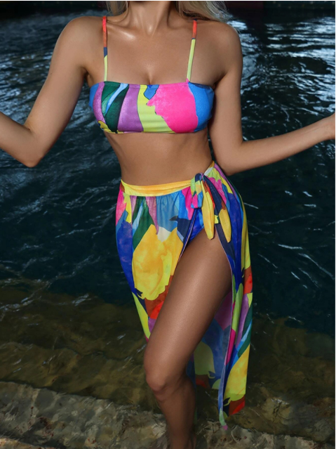 Colorful bandeau bikini top with adjustable thin straps and multi-pattern high-rise set