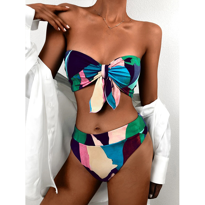 Print knot bikini set with bandeau top and high-cut bottoms, multicolor abstract print.