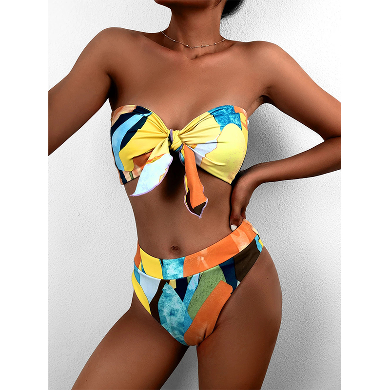 Print knot bikini set with knotted bandeau top and high-rise bottoms, multicolor abstract print.