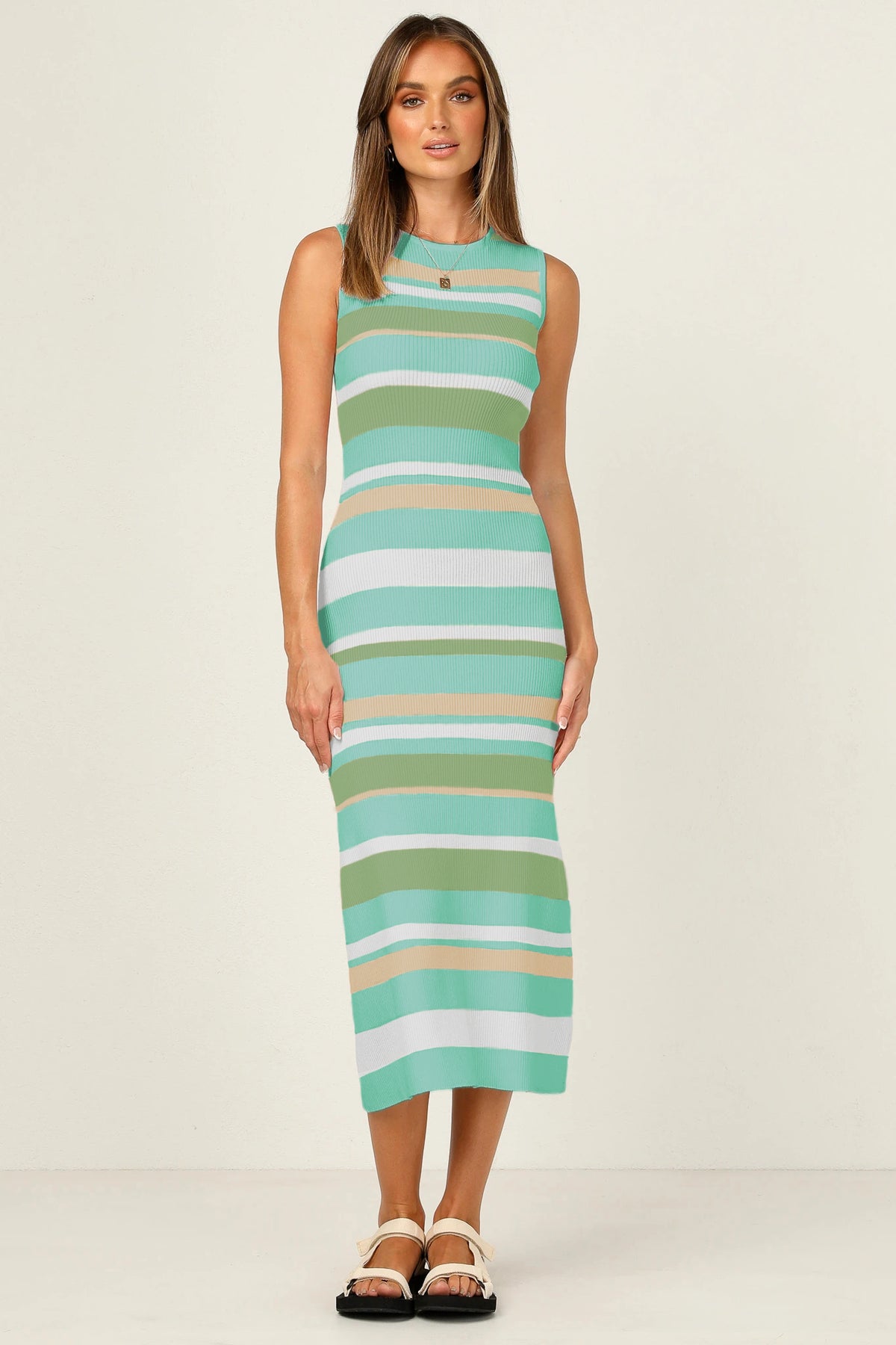 Striped Sleeveless Knit Midi Dress