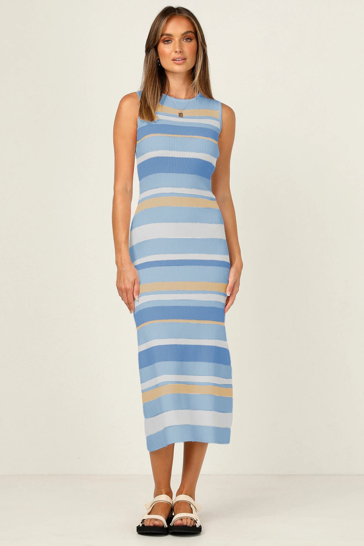 Striped Sleeveless Knit Midi Dress