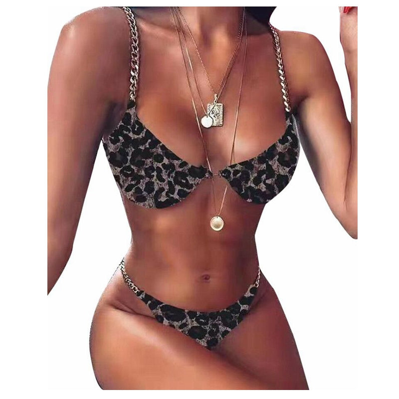 Leopard print triangle bikini swimsuit with chain straps and oval pendant necklaces