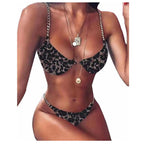 Leopard print triangle bikini swimsuit with chain straps and oval pendant necklaces