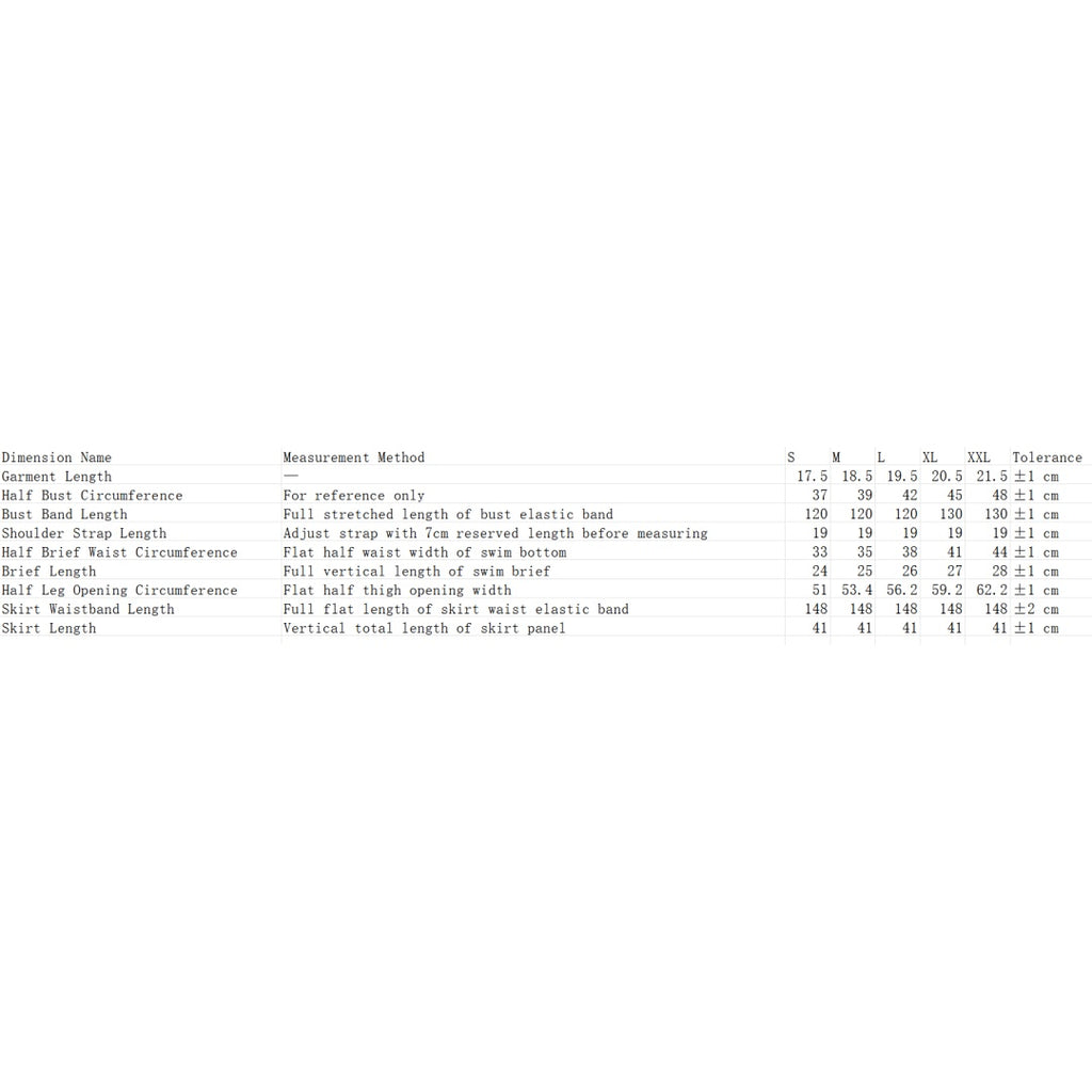 Bikini swimwear size chart with garment measurements by size