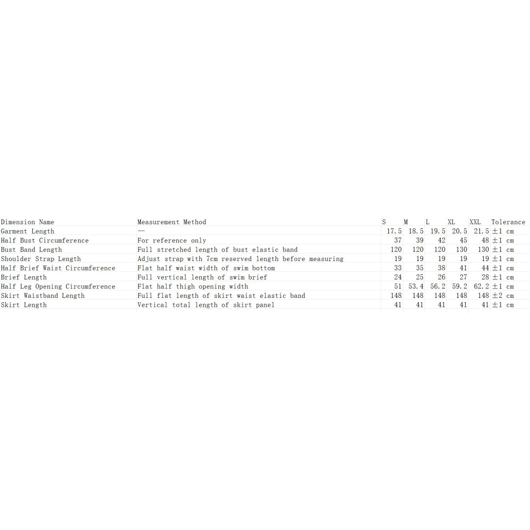 Bikini swimwear size chart with garment measurements by size