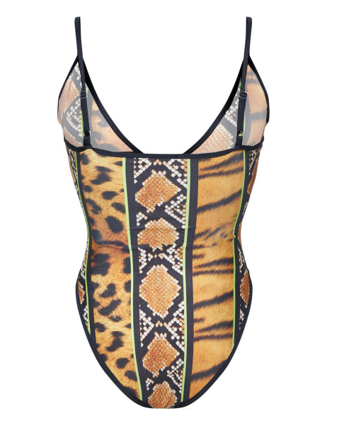 Snakeskin-print one-piece swimsuit with mesh panels and center front zipper