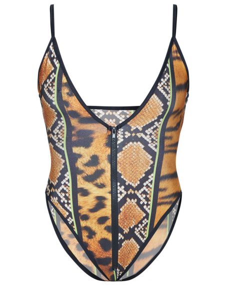 Snakeskin-print mesh one-piece swimsuit with center front zipper and thin straps