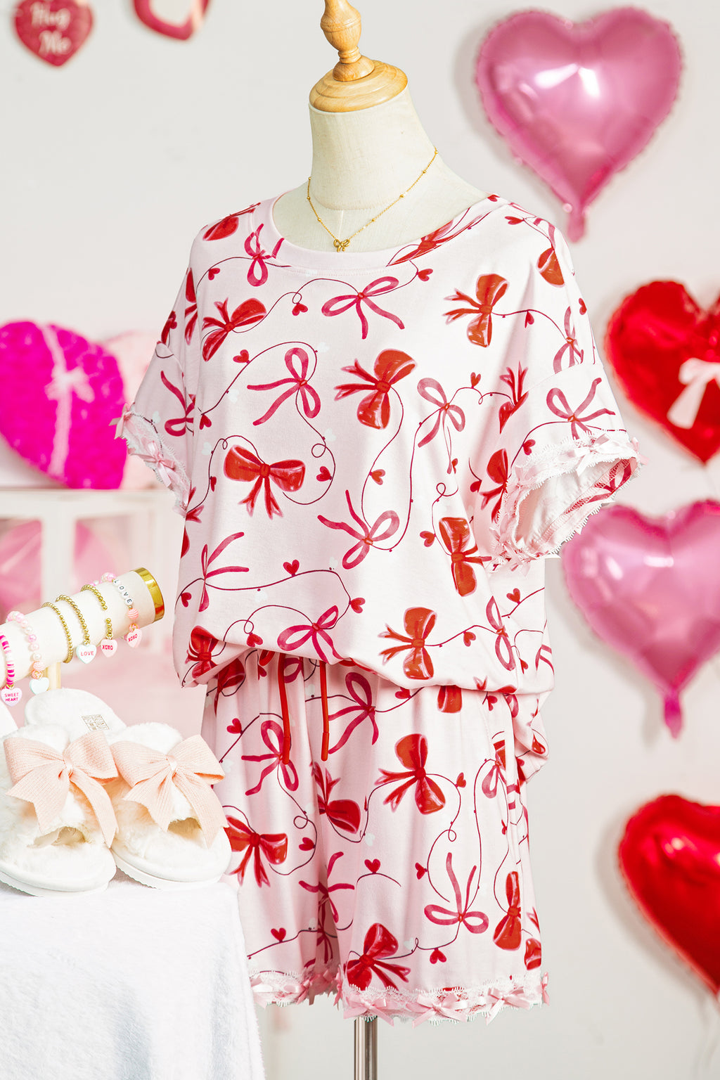 Red Romantic Bow Print Lounge Set